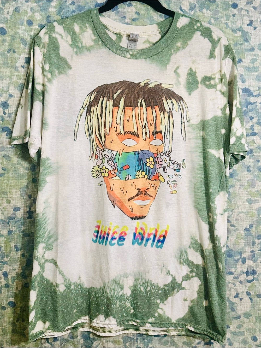 Juice WRLD Graphic Tee Green Bleach Tie Dye Streetwear T-Shirt Size S Oversized